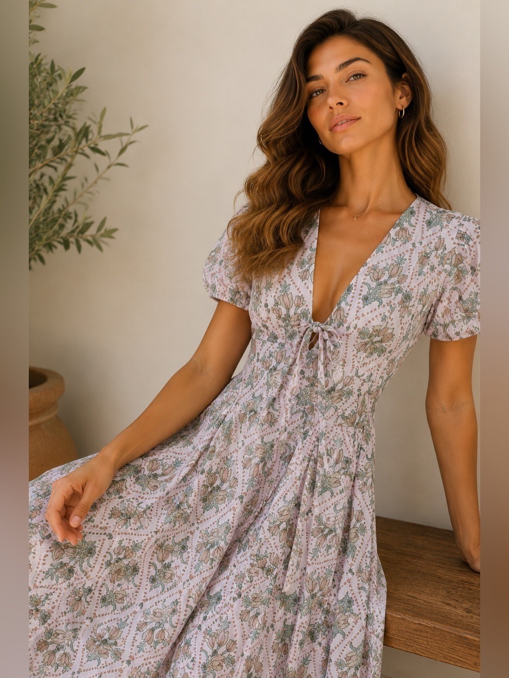 Avec Les Filles Size 2 Floral Maxi Dress Puff Sleeve Tie Front